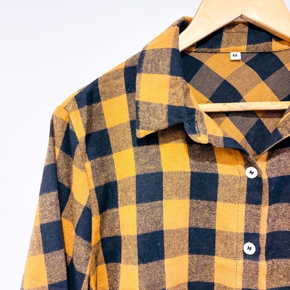 Yellow & brown plaid flannel shirt | Cozy button-down | Medium - Picture 3 of 7
